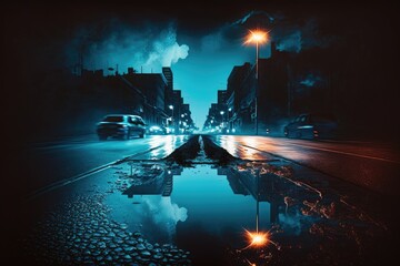 Negative atmosphere in the background. The wet pavement reflected the nighttime darkness of the street. Neon rays, neon characters, and smoke. View of the city at night. Black, abstract background. Sp
