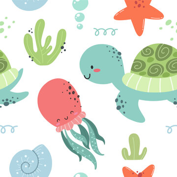 Seamless pattern with marine life. Sea and ocean, flora and fauna. Vector.
