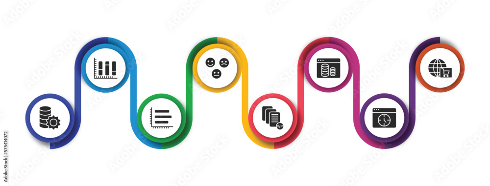Aufkleber user interface filled icons with infographic template. glyph icons such as vertical data bars, emot,