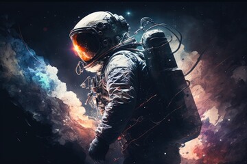 Obraz na płótnie Canvas A spaceman out on a spacewalk. Space themed artwork, ideal for use as science fiction wall coverings. The awe inspiring aesthetics of outer space. The number of galaxies in the universe is in the bill