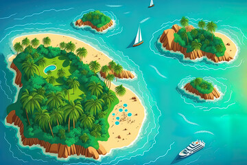 Obraz na płótnie Canvas Tropisches Insel Paradies mit Segelbooten von oben, Illustration