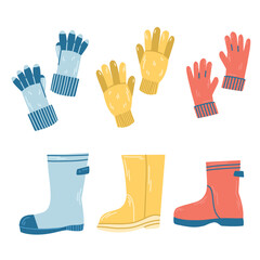 A set of off-season gloves and rubber boots in bright colors. Set of paired objects