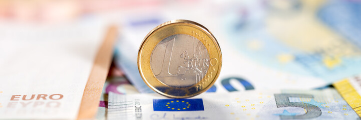 One Euro coin money saving pay paying finances panorama with copyspace copy space