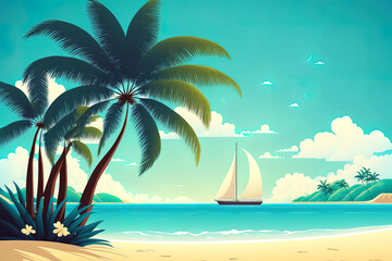 Plakat Insel mit Palmen und Blick zu einem Segelschiff, Illustration