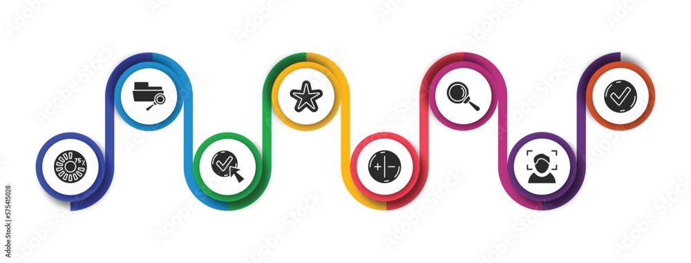 Poster user interface filled icons with infographic template. glyph icons such as search in folder, rounded