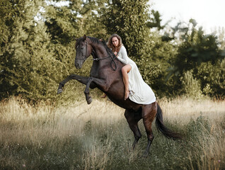 Beautiful girl riding a horse rearing up - 575415049