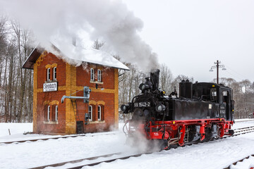 Pressnitztalbahn steam train locomotive railway in winter in Steinbach, Germany