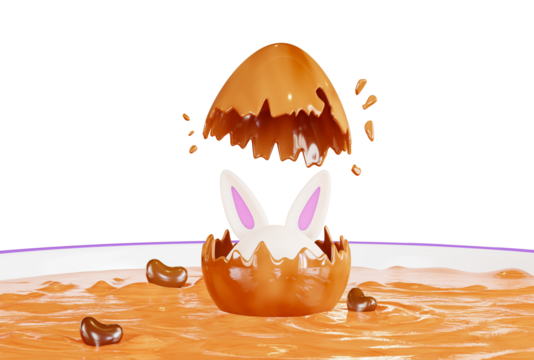 Broken Chocolate egg in a cup of cocoa, 3d render. Cup of hot chocolate and rabbit ears. Transparent background, PNG file. 3D rendering.