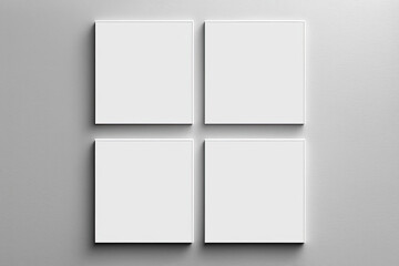 Grid of 4 square blank canvases mockups hanging on a wall. Generative AI - obrazy, fototapety, plakaty