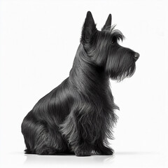 Black cute nice dog breed scotch terrier dog isolated on white close-up, beautiful pet, fluffy dog	