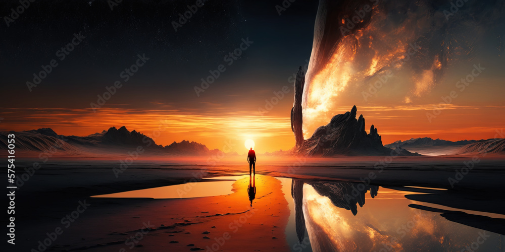 Canvas Prints sunset on the fantasy futuristic world. generative ai
