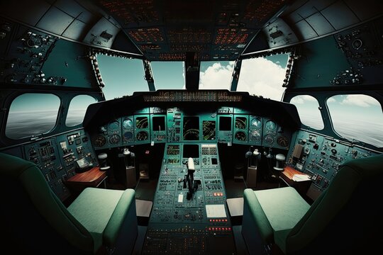 Interior of an empty cockpit. Generative AI