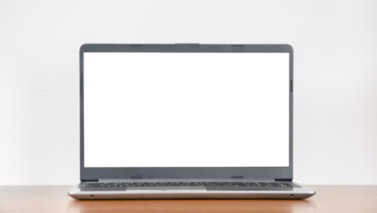 Laptop with blank transparent display on empty wooden table against white wall background, copy space, modern minimalistic interior