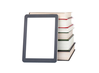 E-book with blank transparent display near the stack of paper books isolated on white background....