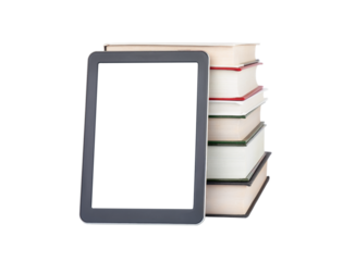 E-book with blank transparent display near the stack of paper books isolated on white background. Education or reading concept