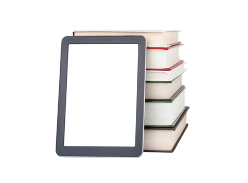 E-book with blank transparent display near the stack of paper books isolated on white background. Education or reading concept