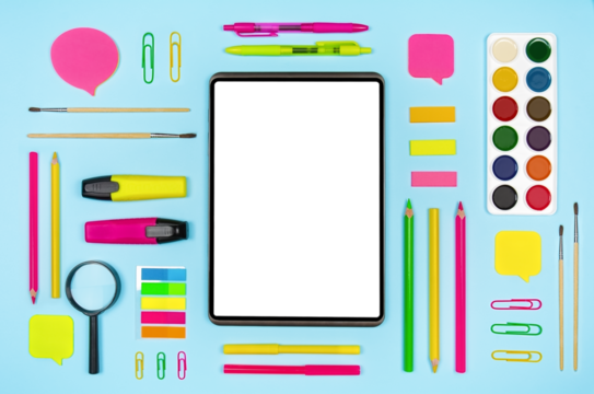 Various colorful school supplies and digital tablet with blank transparent display on blue background. Top view with copy space - Powered by Adobe