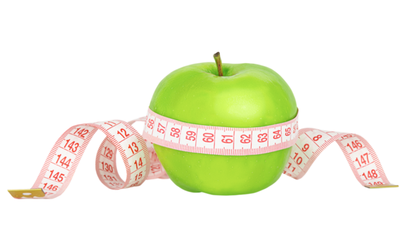 Green apple with measuring tape isolated on transparent background. Weight loss and dieting concept