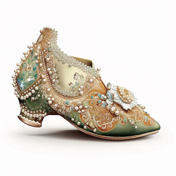 Vintage retro satin queen shoe adorned with gems and pearls isolated on white close-up, ai generative