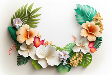 Colorful hibiscus flowers and tropical leaves frame on white background with empty space for text. Digital style exotic florals
