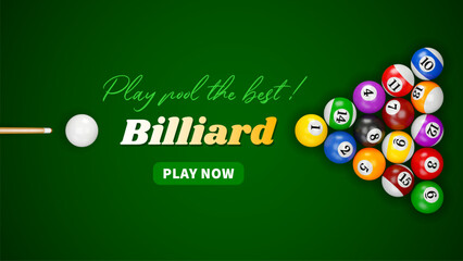 Banner template for Pool, Snooker or American billiards. Balls with numbers on green table, arranged in a triangle, with zero ball and cue, ready to game, top view. Vector 3d realistic illustration