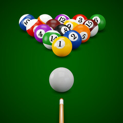Pool or American billiards balls with numbers on the green table, ready to game. Snooker color balls arranged in a triangle, with zero ball and cue, front view. Vector 3d realistic illustration