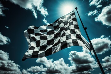 A vibrant checkered flag waving in the sky, viewed from a low angle as clouds pass by.  Ai generated. - obrazy, fototapety, plakaty