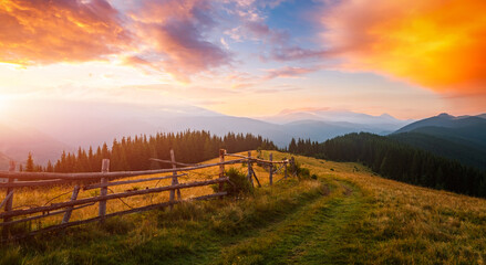 Fototapeta na wymiar Majestic view of the sunrise over the mountain ranges. Carpathian mountains, Ukraine.