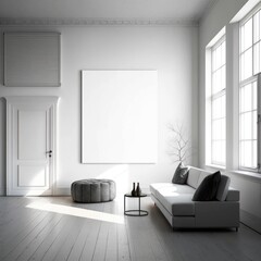 Modern living room with counter, with empty canvas or wall decor with frame in center for product presentation background. GENERATIVE AI
