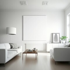 Modern living room with counter, with empty canvas or wall decor with frame in center for product presentation background. GENERATIVE AI