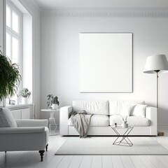 Modern living room with counter, with empty canvas or wall decor with frame in center for product presentation background. GENERATIVE AI