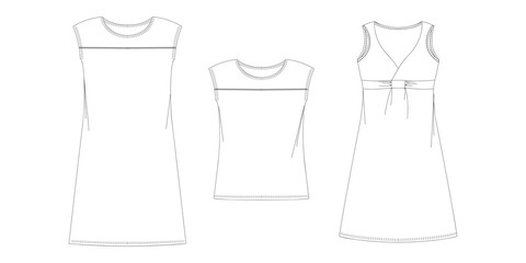 Woman dresses, shirts and tunics technical drawing, template, sketch, flat, mock up. Jersey or woven fabric dress front view, white color
