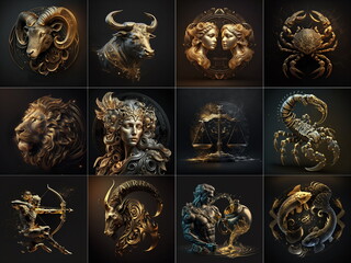 Premium Golden Set of zodiac signs against space nebula background. Astrology calendar. Esoteric horoscope and fortune telling concept. Created with Generative AI
