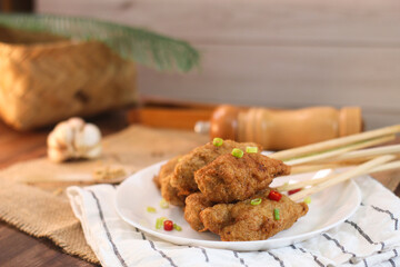 Sempol ayam made of ground chicken or fish, spices, egg and flour. Healthy Eating: a High-Angle View of a Dish.
