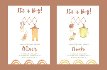 Watercolor Hello Baby Postcards - hand drawn newborn animals baby baby shower invitations with isolated elements: baby clothing, bear, bunny for kids party