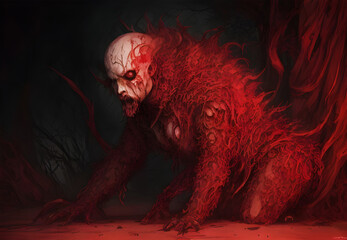 Bloody ancient vampire horror creature monster in dark cave. Generative AI. - obrazy, fototapety, plakaty