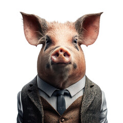 Portrait of a pig dressed in a formal business suit on white background, transparent png, generative ai