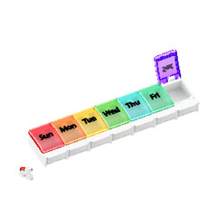 Illustration of Plastic Pharmacy Organizer for Pills for Each Day of the Week on White. A Weekly Medicine Dispenser Opened for Saturday