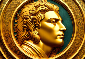 Artwork illustration of golden engraved prince or king face bas relief. Generative AI.