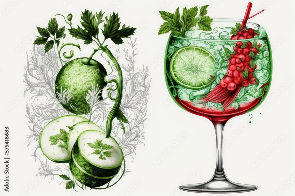 Poster comprised of extensive context. the ornaments are purely decorative. cucumber gimlet without the gin
