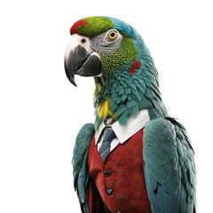 Fototapeta premium Portrait of a parrot dressed in a formal business suit on white background, transparent png, generative ai