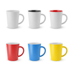 Illustration of Six Realistic Empty Ceramic Coffee Cup or Tea Mug. Mockup with Shadow Effect, and Copy Space for Your Design. For Web Design, and Printing on a White