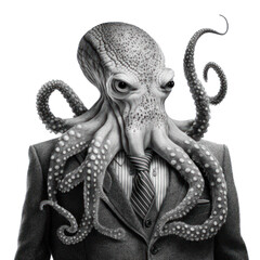 Portrait of a octopus dressed in a formal business suit on white background, transparent png, generative ai