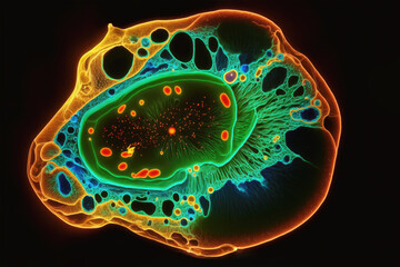 Microscopy view of amoeba microorganism with its cell structure. AI generative
