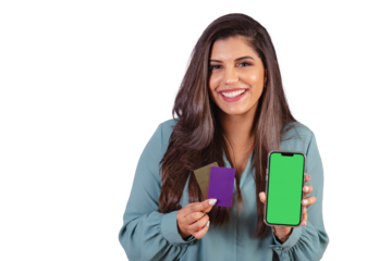 Horizontal photo. Beautiful Brazilian woman, with casual clothes, Jeans and green shirt. smartphone with green screen and cards.