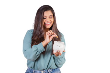 Horizontal photo. Beautiful Brazilian woman, with casual clothes, Jeans and green shirt. holding piggy bank and coin. Finance.