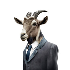 Portrait of a goat dressed in a formal business suit on white background, transparent png, generative ai