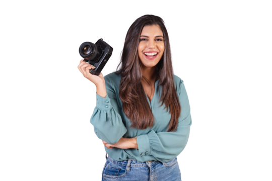 Horizontal photo. Beautiful Brazilian woman, with casual clothes, Jeans and green shirt. female photographer holding photo camera.