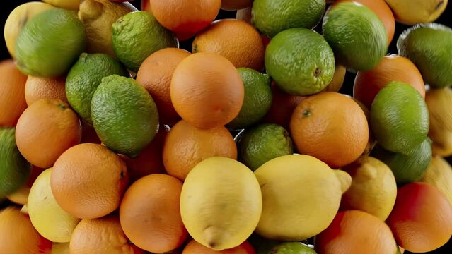 3D render of fruit blast, lime, lemon, oranges background 