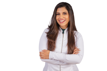 Horizontal photo. brazilian woman with medical coat, nutritionist. with arms crossed.